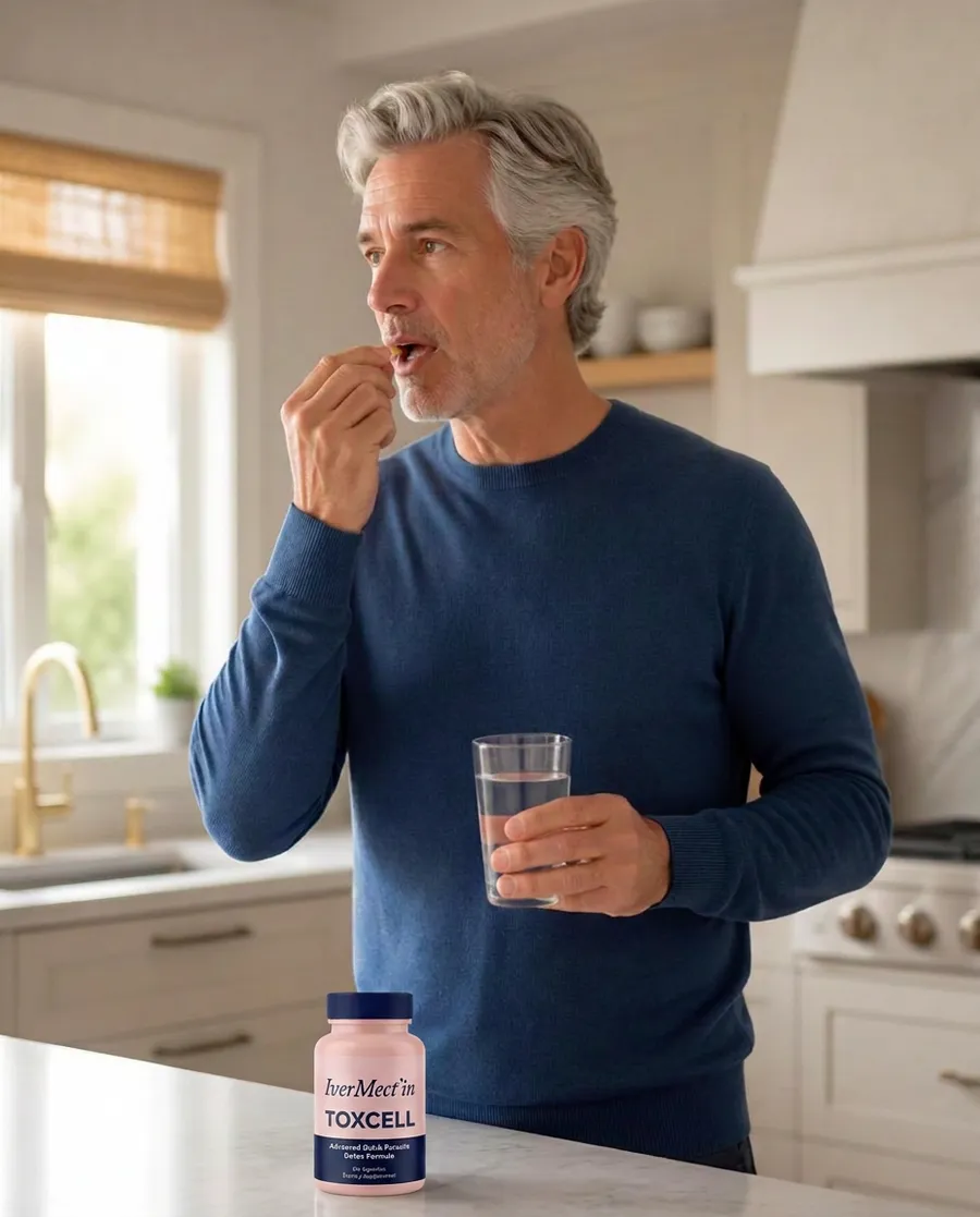 Customer taking a ToxCell capsule in his kitchen