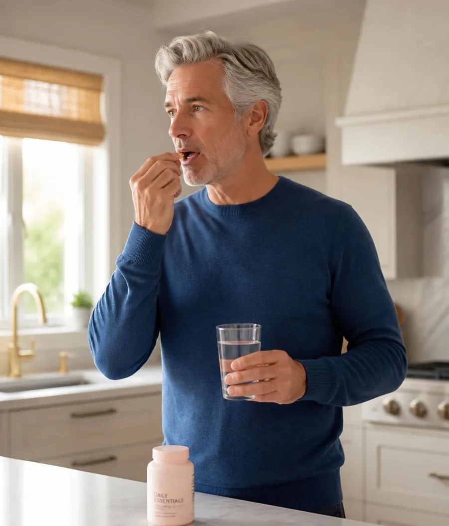 Customer taking a CellTox capsule in his kitchen